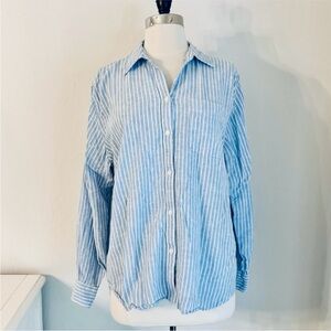 Chaps Linen Blend Button Up Shirt Blue White Stripe Hi Lo Hem, XL